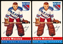 1954-55 Topps Hockey- #10 Lorne Worsley, Rangers- 2 Cards
