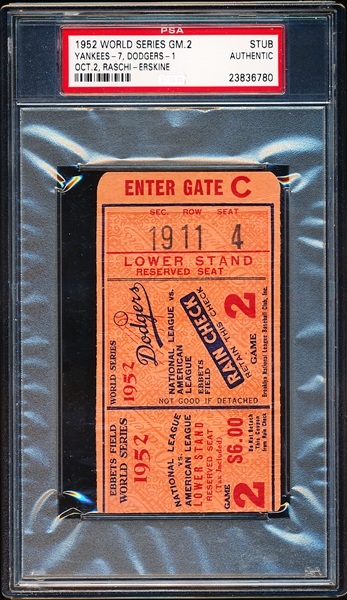 1952 World Series Ticket Stub- Game 2 at Ebbetts Field- PSA Graded Authentic