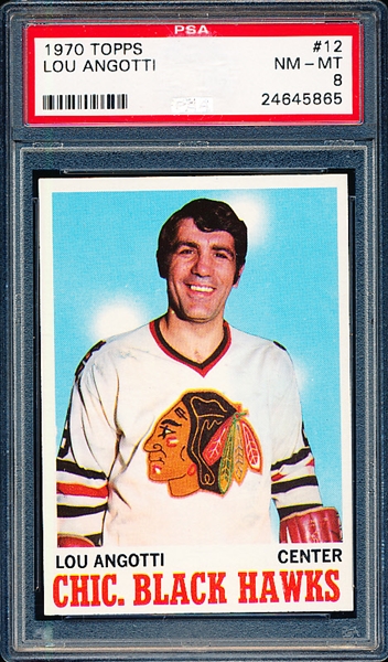 1970-71 Topps Hockey- #12 Lou Angotti, Black Hawks- PSA Nm-Mt 8 