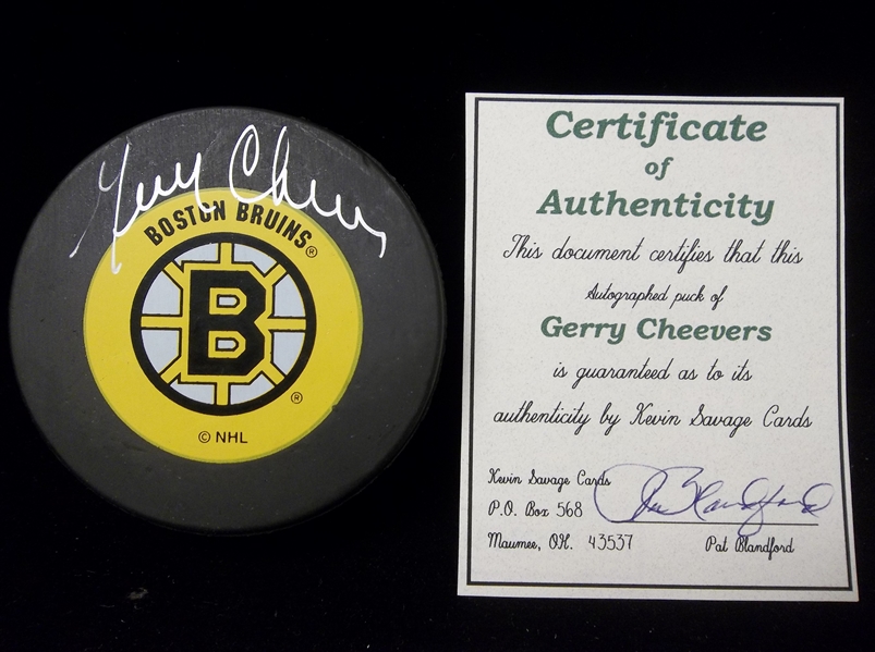 Gerry Cheevers Autographed Boston Bruins Hockey Puck