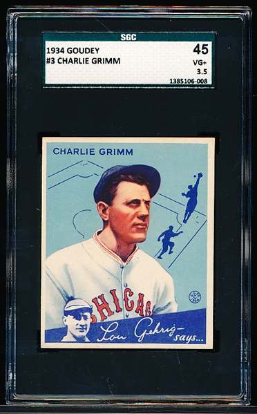 1934 Goudey Baseball- #3 Charlie Grimm, Cubs- SGC 45 (Vg+ 3.5)