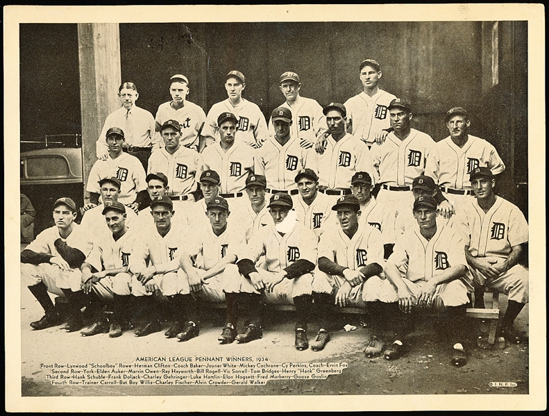 1934 I.N.P, Inc. Detroit Tigers 8” x 6” A.L. Champions Vintage Team Picture