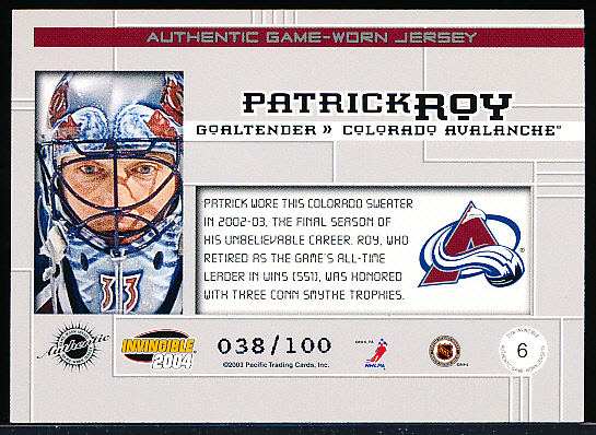 Patrick Roy Colorado Avalanche Game Worn Jersey - NHL Auctions