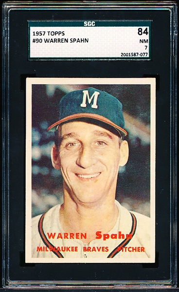 1957 Topps Baseball- #90 Warren Spahn, Braves- SGC 84 (NM 7)