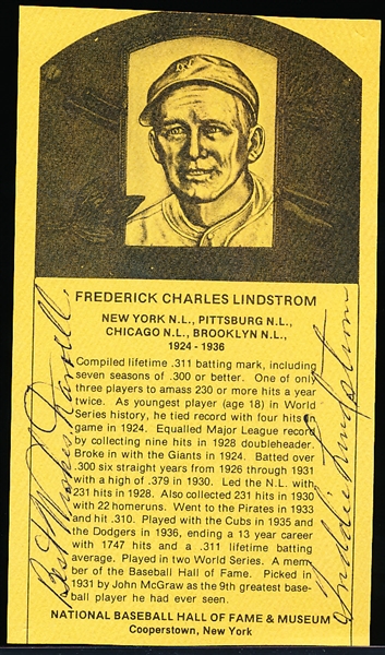 Freddie Lindstrom Autographed BB HOF 3-3/8” x 5-7/8” Cut Page that is a Reprint of his Gold HOF Plaque