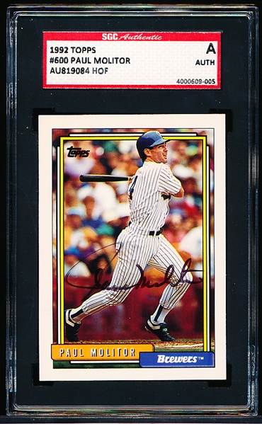 1992 Topps Baseball- #600 Paul Molitor- Autographed in Black Sharpie on Front- SGC Certified and Slabbed