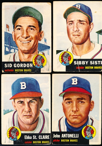 1953 Topps Baseball- Boston Braves- 4 Diff