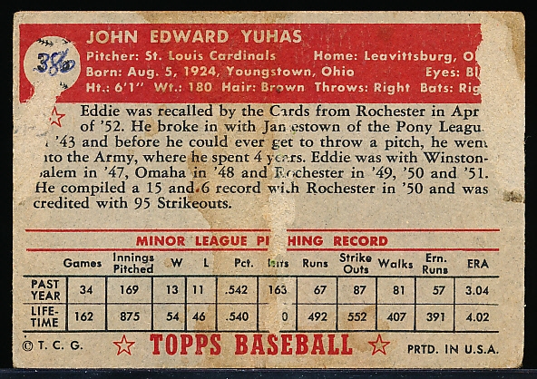 Lot Detail - 1952 Topps Baseball Hi#- #386 Eddie Yuhas, Cardinals