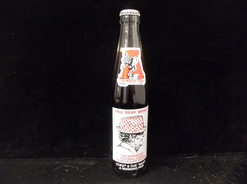 1982 Coca-Cola 10 Fl. Oz Paul Bear Bryant “The Winningest Football Coach in Collegiate History” Commemorative Full Bottle