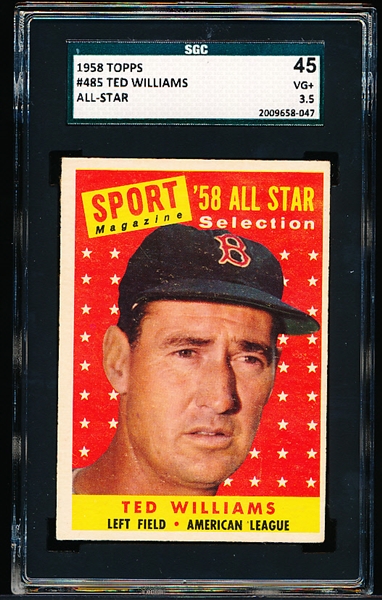 1958 Topps Baseball- #485 Ted Williams All Star- SGC 45 (Vg+ 3.5)