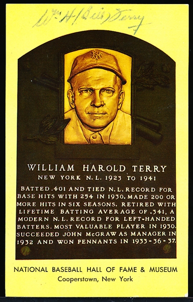 Bill Terry Autographed Baseball HOF Plaque Postcard