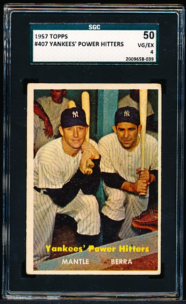 1957 Topps Baseball- #407 Yankees Power Hitters- Mantle/ Berra- SGC 50 (Vg-Ex 4)