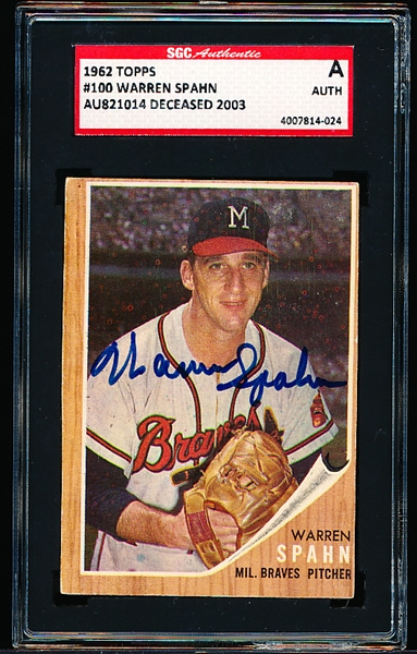 Lot Detail - 1962 Topps Bsbl. #100 Warren Spahn- Autographed- SGC ...