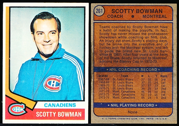 1974-75 Topps Hockey- #261 Scotty Bowman Coach RC- 2 Cards