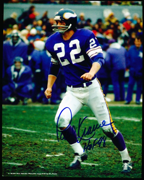 Paul Krause Autographed Minnesota Vikings Ftbl. Color 8” x 10” Photo