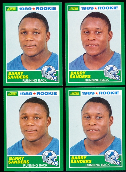 1989 Score Football- #257 Barry Sanders RC, Lions- 4 Cards