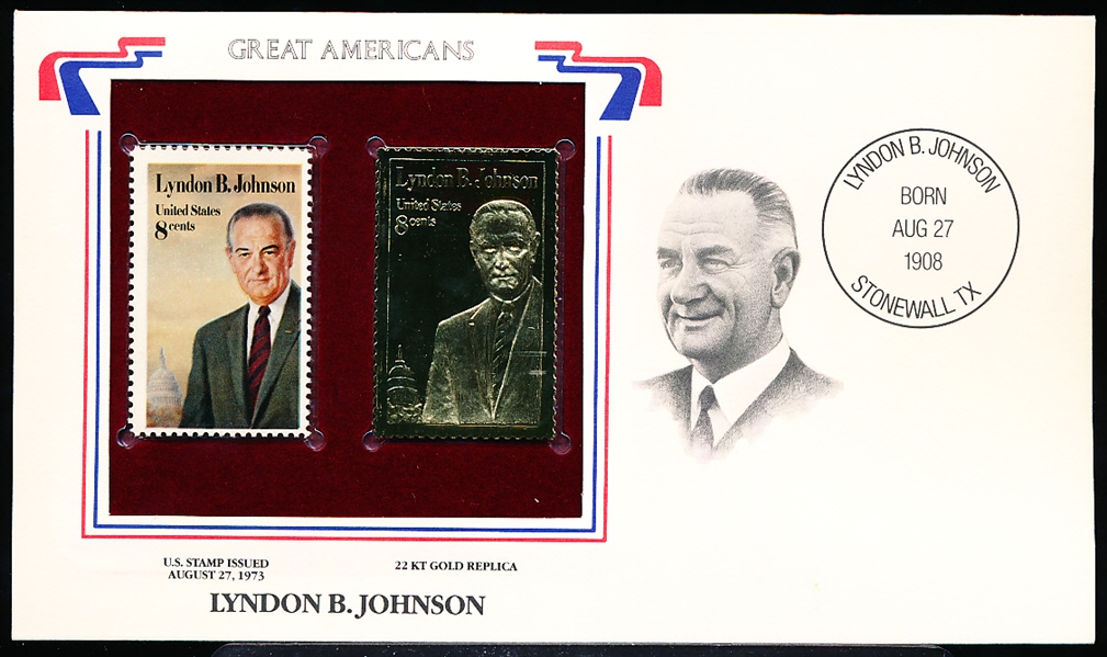 U.S. Postal Comm. Society “Great Americans” Original & 22kt Gold Stamp- Lyndon Johnson 