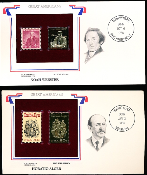 Postal Comm. Society “Great Americans” Original & 22kt Gold Replica Stamps- 10 Diff. Writers