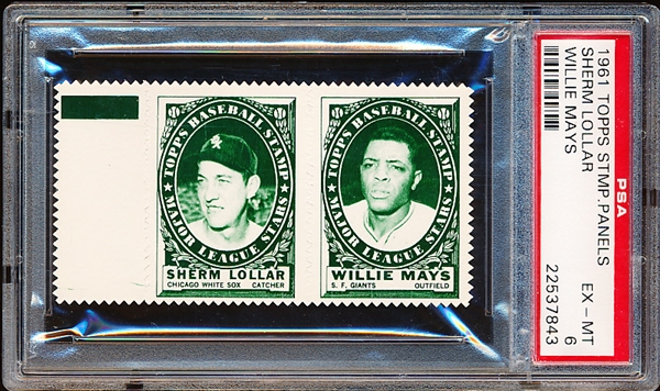 1961 Topps Baseball Stamp Panel with Tab- Sherm Lollar (White Sox)/ Willie Mays (Giants)- PSA Ex-Mt 6 