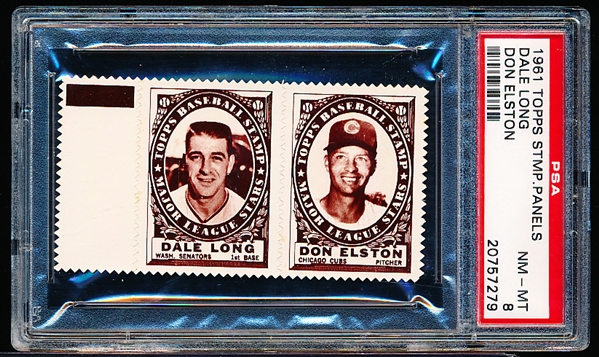 1961 Topps Baseball Stamp Panel with Tab- Dale Long (Wash)/ Don Elston (Cubs)- PSA Nm-Mt 8 