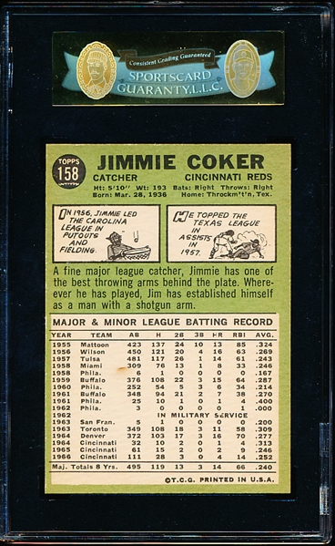 Lot Detail - 1967 Topps Baseball- #158 Jimmy Coker, Reds- SGC 92 (Nm ...