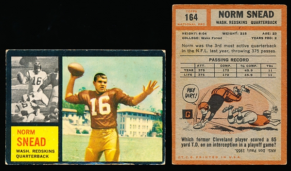 1962 Topps Fb- #164 Norm Snead RC SP- 5 Cards