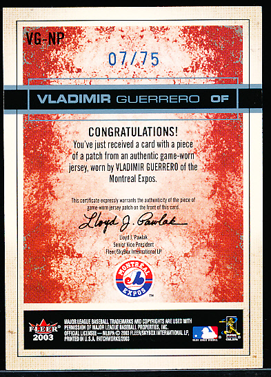 Vladimir Guerrero Sr. Game Worn Jersey Baseball Card