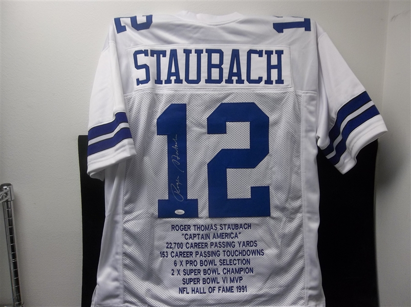 Autographed Roger Staubach Dallas Cowboys “Stats Stitched” Ftbl. Jersey- JSA Certified/Witnessed