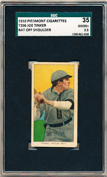 1910 T206 Bb- Joe Tinker, Chicago Natl- SGC 35 (Good+ 2.5)- Bat Off Shoulder Version- Piedmont 350 back (clean)