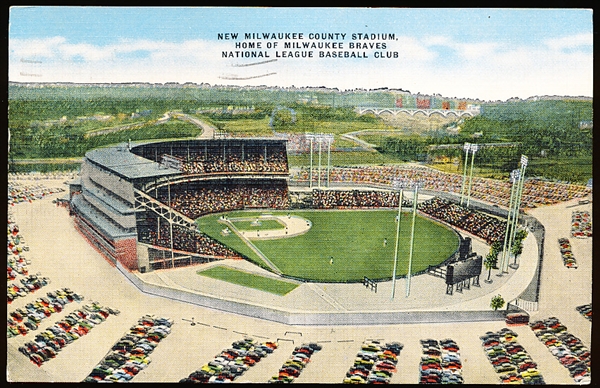 Milwaukee County Stadium Linen Postcard 16539 From Beyond RF, 2nd Line Version