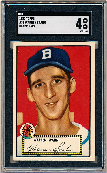 1952 Topps Baseball- #33 Warren Spahn, Braves- SGC 4 (Vg-Ex)- Black Back.