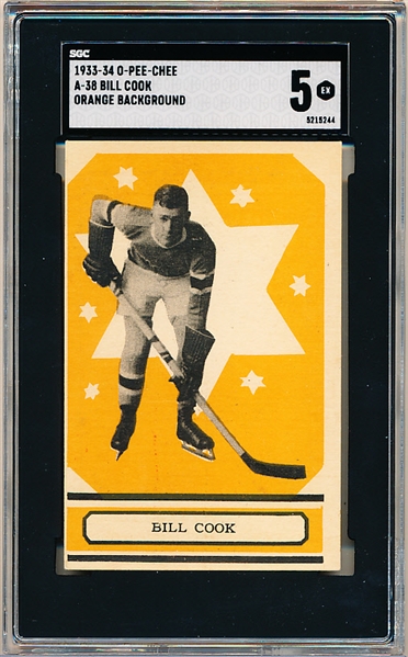 1933-34 O-Pee-Chee Hockey- #A-38 Bill Cook, New York Rangers- Orange Color- SGC 5 (EX)