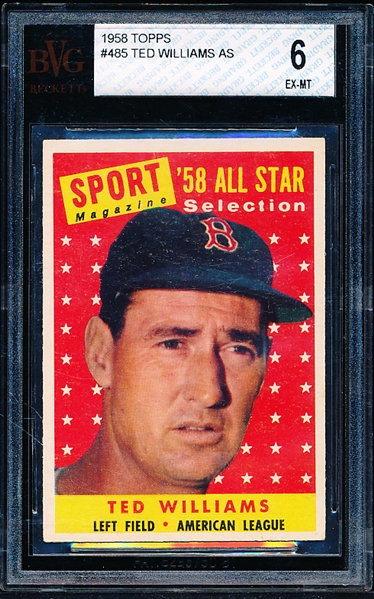 1958 Topps Baseball- #485 Ted Williams All Star- BVG 6 (Ex-Mt)