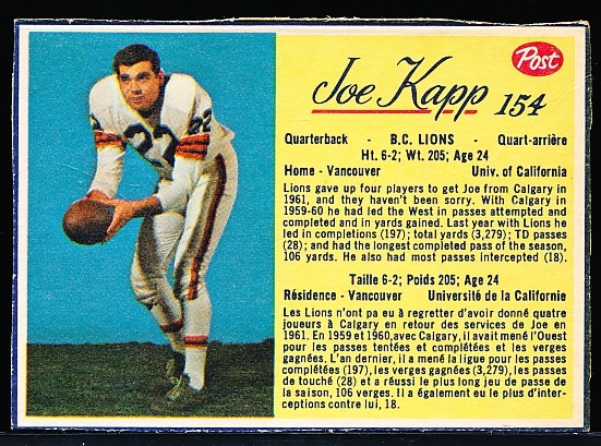 1963 Post Cereal Fb- #154 Joe Kapp, BC Lions