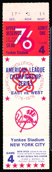 1976 ALCS MLB Ticket Stub- Game 4- Kansas City @ New York Yankees