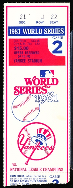 1981 MLB World Series Ticket Stub- Game 2- Los Angeles Dodgers @ New York Yankees