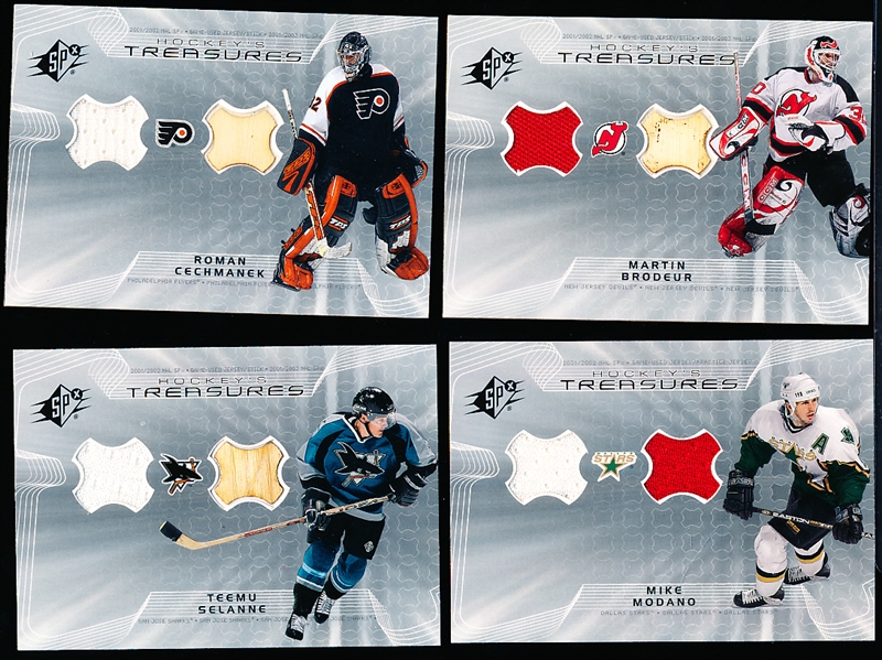 2001-02 SPx Hockey- “Hockey’s Treasures Dual Memorabilia”- 4 Diff.