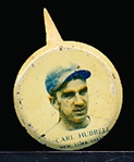 1938 Our National Game Pin- No Paper Backing Card- Carl Hubbell, NY Giants