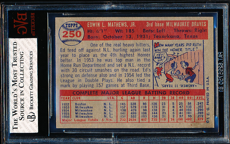 BASEBALL CARD 1957 TOPPS #250 ED MATHEWS MILWAUKEE BRAVES 3RD BASE