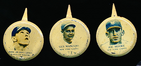 1938 Our National Game Pins- 3 Diff Pins- Buddy Lewis, Gus Mancuso, Joe Moore
