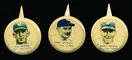 1938 Our National Game Pins- 3 Diff Pins- Joe Moore, Jake Powell, Jimmy Ripple