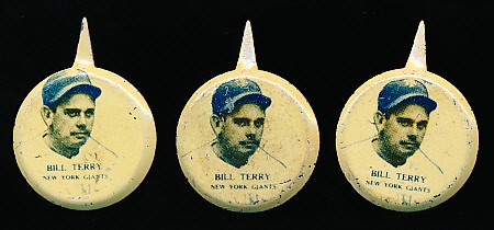 1938 Our National Game Pins- Bill Terry, New York Giants- 3 Pins