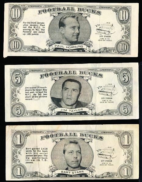 1962 Topps Ftbl. “FB Bucks”- 3 Diff. Green Bay Packers