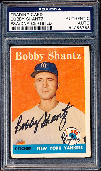 Autographed 1958 Topps Bsbl. #419 Bobby Shantz, Yankees- PSA/DNA Certified/Slabbed