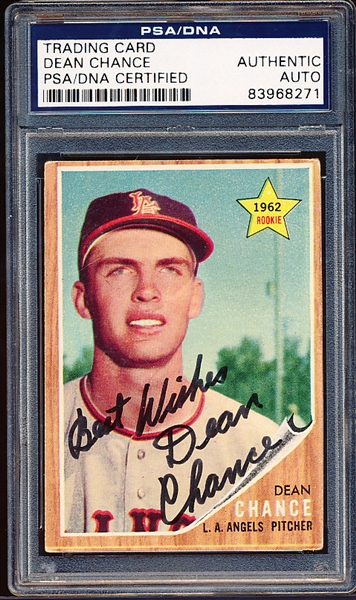 Autographed 1962 Topps Bsbl. #194 Dean Chance RC, Angels- PSA/DNA Certified/Slabbed