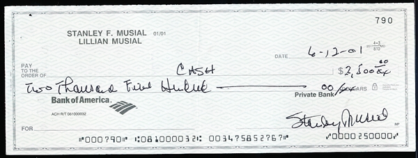 Stan Musial Double Signed Personal Check