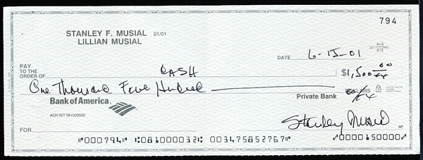 Stan Musial Double Signed Personal Check