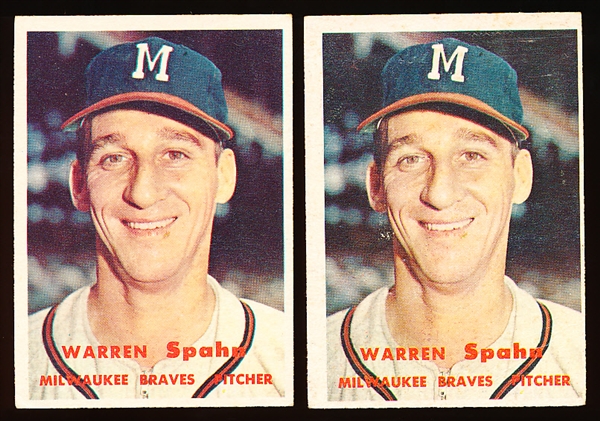 1957 Topps Bb- #90 Warren Spahn, Braves- 2 Cards