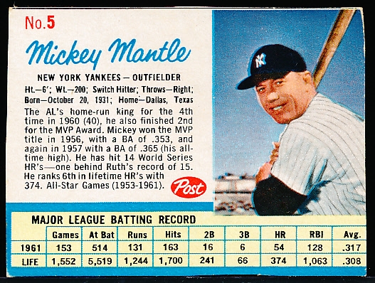 1962 Post Cereal Bb- #5 Mickey Mantle, Yankees