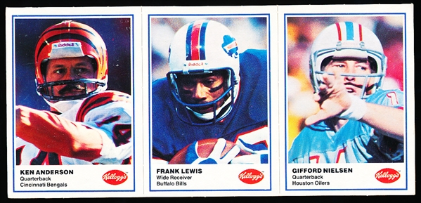 1982 Kellogg’s Football- 3 Card Panels- Ken Anderson (Cinc)/ Frank Lewis (Bills)/ G. Nielsen (Oilers)- 90 Panels